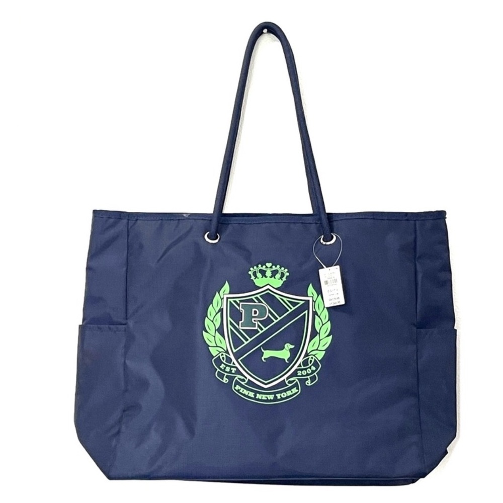 Victoria's Secret large tote reversible with pockets navy striped green